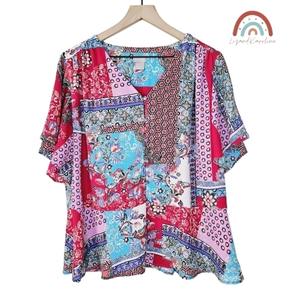 Chico's Patchwork Peplum Floral Flutter Sleeve Bu… - image 1